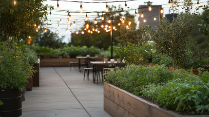 Fototapeta premium Urban Rooftop Garden with Plants and Seating Areas