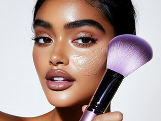 A young Asian woman using a brush to apply makeup, Professionally contouring her face make-up, Make up for a woman's face, A young beautiful woman applying makeup