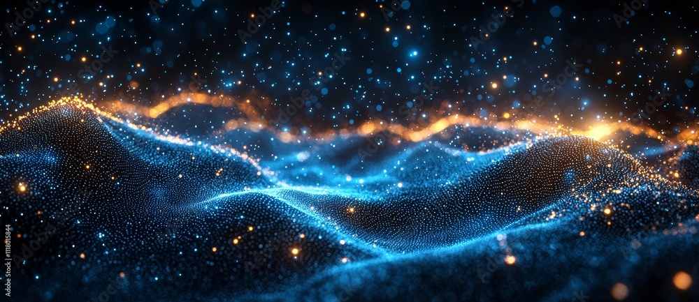 Poster a blue abstract background with a network grid and connected particles, displayed on a banner. this 