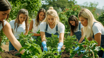 Young women working together in a vegetable garden, planting greenery with focus and teamwork on a sunny day, wearing casual overalls and gloves.