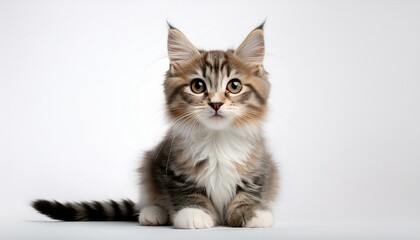 Obraz premium Cute cat sitting against a plain white background, highlighting its adorable features