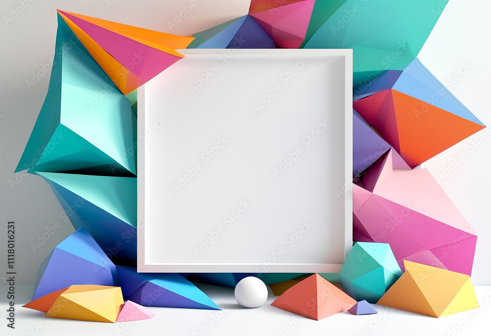 Poster vibrant geometric shapes surrounding a blank canvas in an artistic display