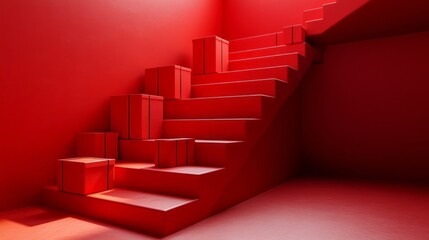 A series of vibrant red gift boxes are stacked on steps of a bright red staircase, creating a striking visual effect. The warm light enhances the bold color, inviting a sense of joy and creativity