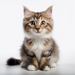 Obraz premium Cute cat sitting against a plain white background, highlighting its adorable features