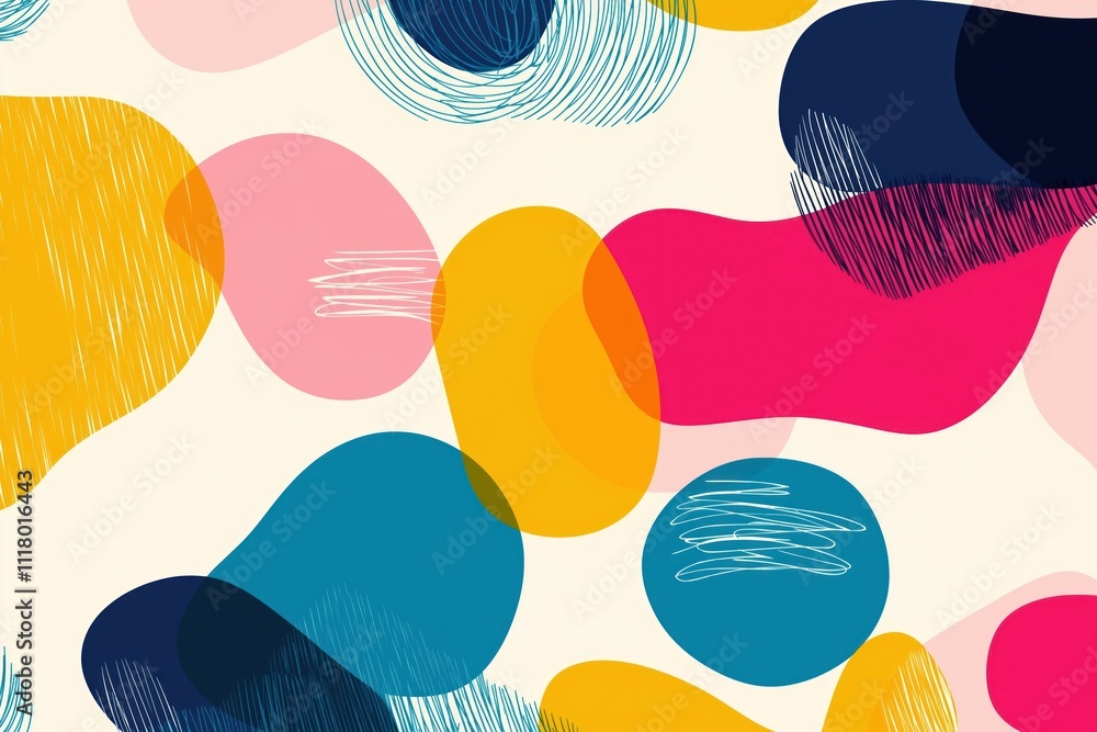 Poster colorful abstract shapes create fun, trendy seamless pattern. geometric forms overlap in playful des