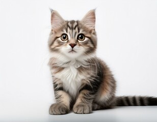 Obraz premium Cute cat sitting against a plain white background, highlighting its adorable features