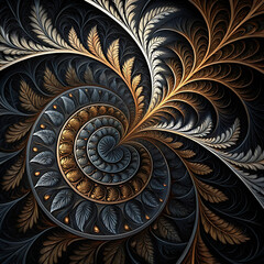 Symmetrical Fractal Abstract: Deep Blacks and Metallic Silver and Bronze with Intricate Textures