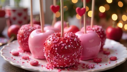 Festive Pink Valentine's Candy Apples with Heart Sprinkles and Romantic Decor