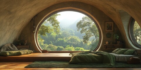 Serene living space with round windows offering a breathtaking view of lush greenery and tranquil surroundings