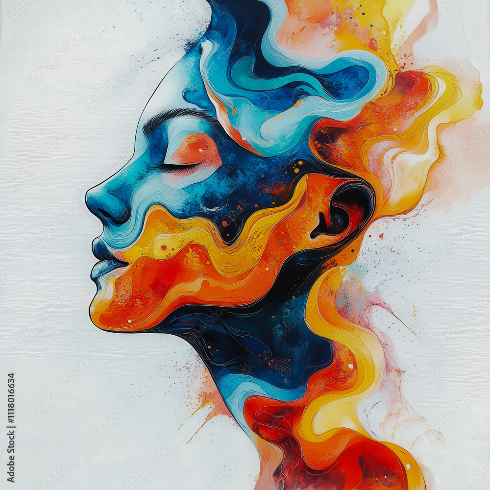 Poster vibrant abstract portrait with flowing colorful patterns representing an artistic interpretation of 