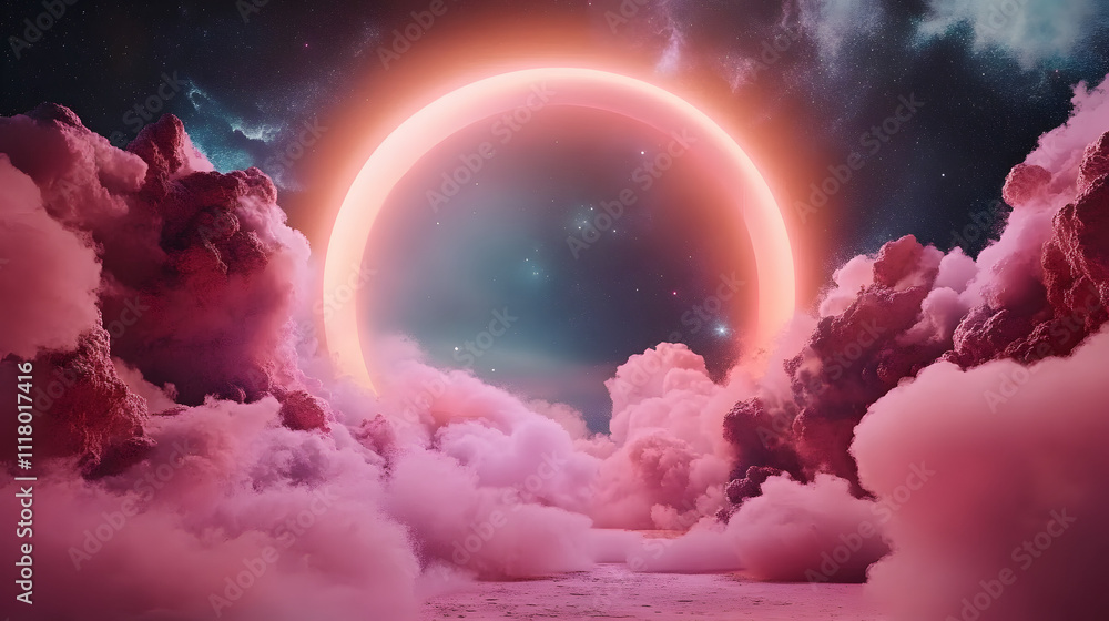 Wall mural this image portrays a cosmic scene with a celestial portal enveloped in pink clouds, offering a surr