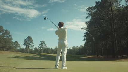 A golfer swings a club on a sunny day in a lush green landscape.