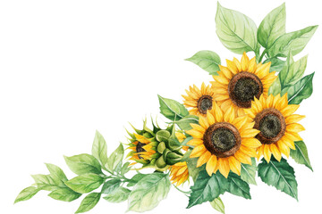 A vibrant bouquet of sunflowers accompanied by lush green leaves, perfect for brightening up any design or project, transparent background.