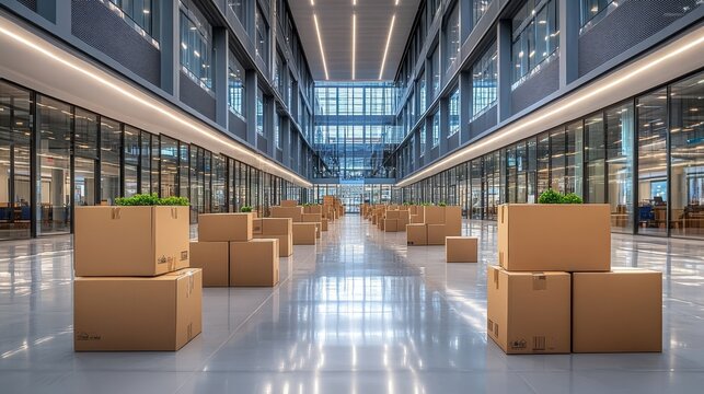Moving Day Preparations Numerous Cardboard Boxes Neatly Arranged in a Modern Office Building