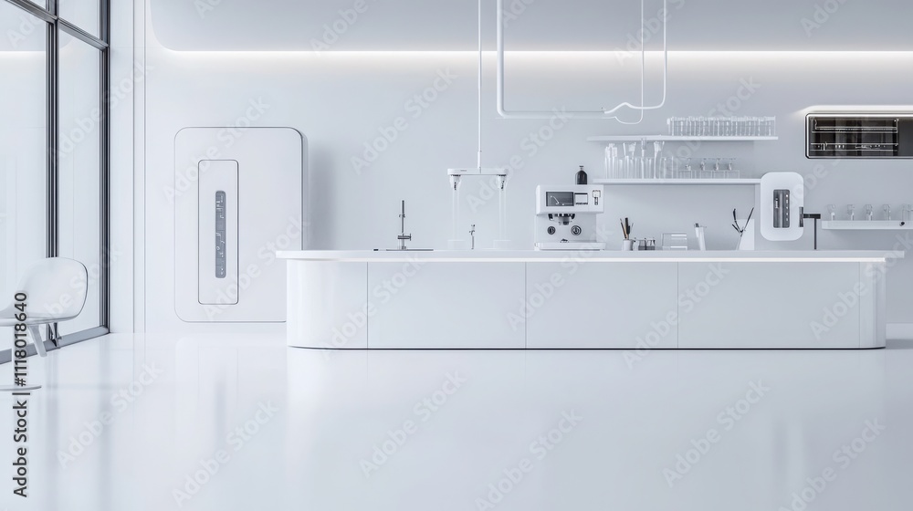 Poster cutting-edge laboratory fabrication processes futuristic science facility digital art creation sleek