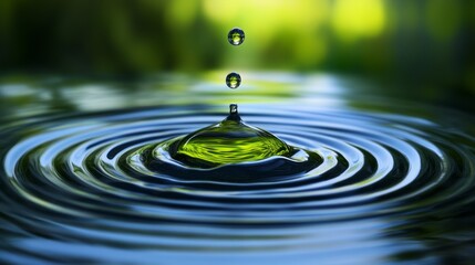 Water droplet falling, creating concentric ripples on a still surface.