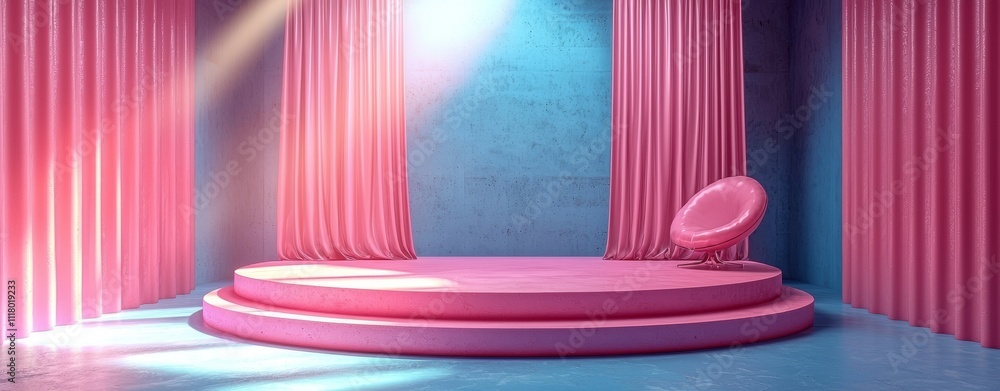 Poster display a studio featuring an empty scene illuminated by spotlights and adorned with drapery, depict