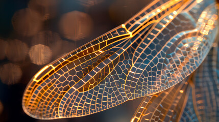 Macro view of dragonfly wing with intricate patterns and golden glow in soft focus