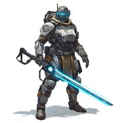 Fototapeta premium Gaming character in advanced combat armor, holding a futuristic rifle on a white background