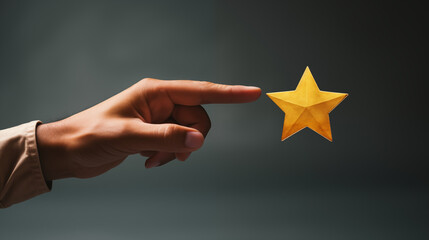 Hand adding star customer review concept on dark background.