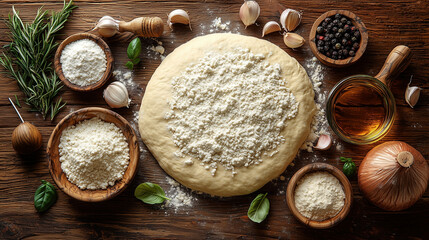 Pizza Dough Preparation: Rustic overhead shot of pizza dough ready to be made, surrounded by fresh ingredients including flour, garlic, rosemary, basil, olive oil, and onion on a dark wooden table.  
