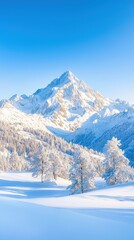 Obraz premium A serene winter landscape featuring snow-covered mountains under a clear blue sky, showcasing the beauty of nature in a tranquil setting.