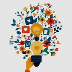 Colorful Illustration of Light Bulbs Surrounded by Flowers and Leaves Representing Creativity and Inspiration in a Modern Design Style