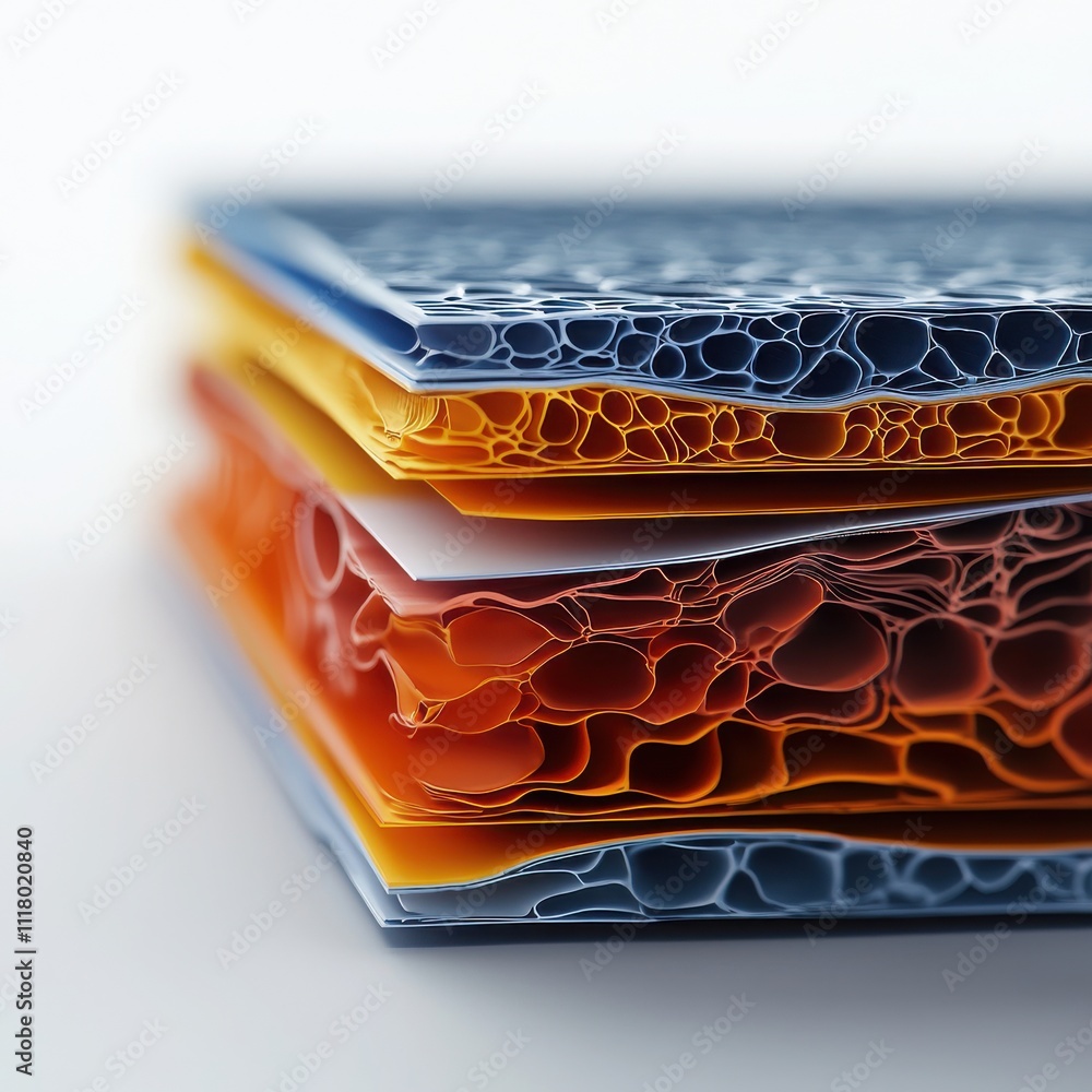 Poster exploring the cross-section of metallic composite material layers in advanced manufacturing laborato