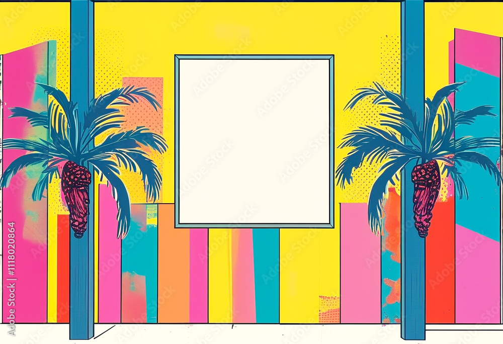 Poster vibrant tropical backdrop with palm trees and colorful geometric patterns