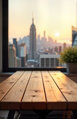 Naklejka premium Wooden table top with city view in background. Sunrise sunset illuminates table. Minimalist design with natural wood material. Empty space for product display presentation. Ideal for interior design