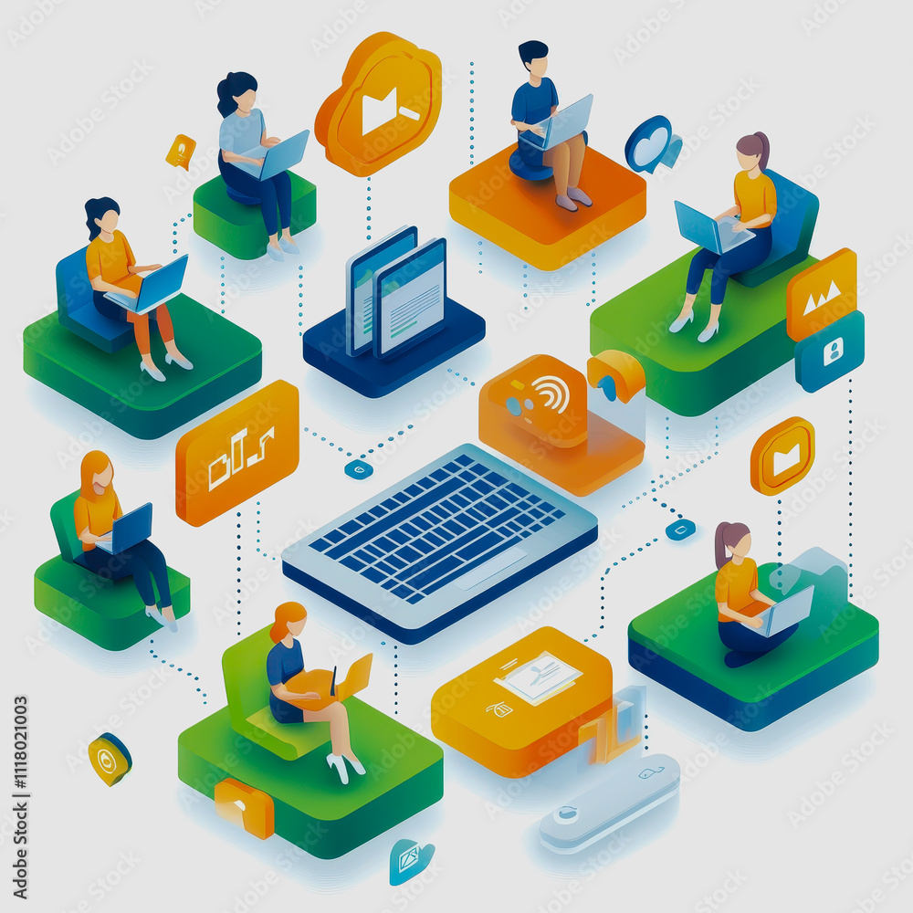 Poster modern digital workspace with people using laptops and icons representing technology, communication,