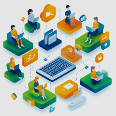 Fototapeta premium Modern Digital Workspace with People Using Laptops and Icons Representing Technology, Communication, and Creativity in a Connected Environment