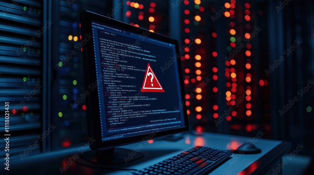 Poster server room tech alert. computer screen shows warning sign. dimly lit server room. digital security 