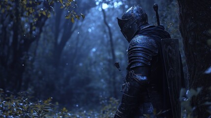 Fototapeta premium A Knight Stands Alone in the Misty Forest
