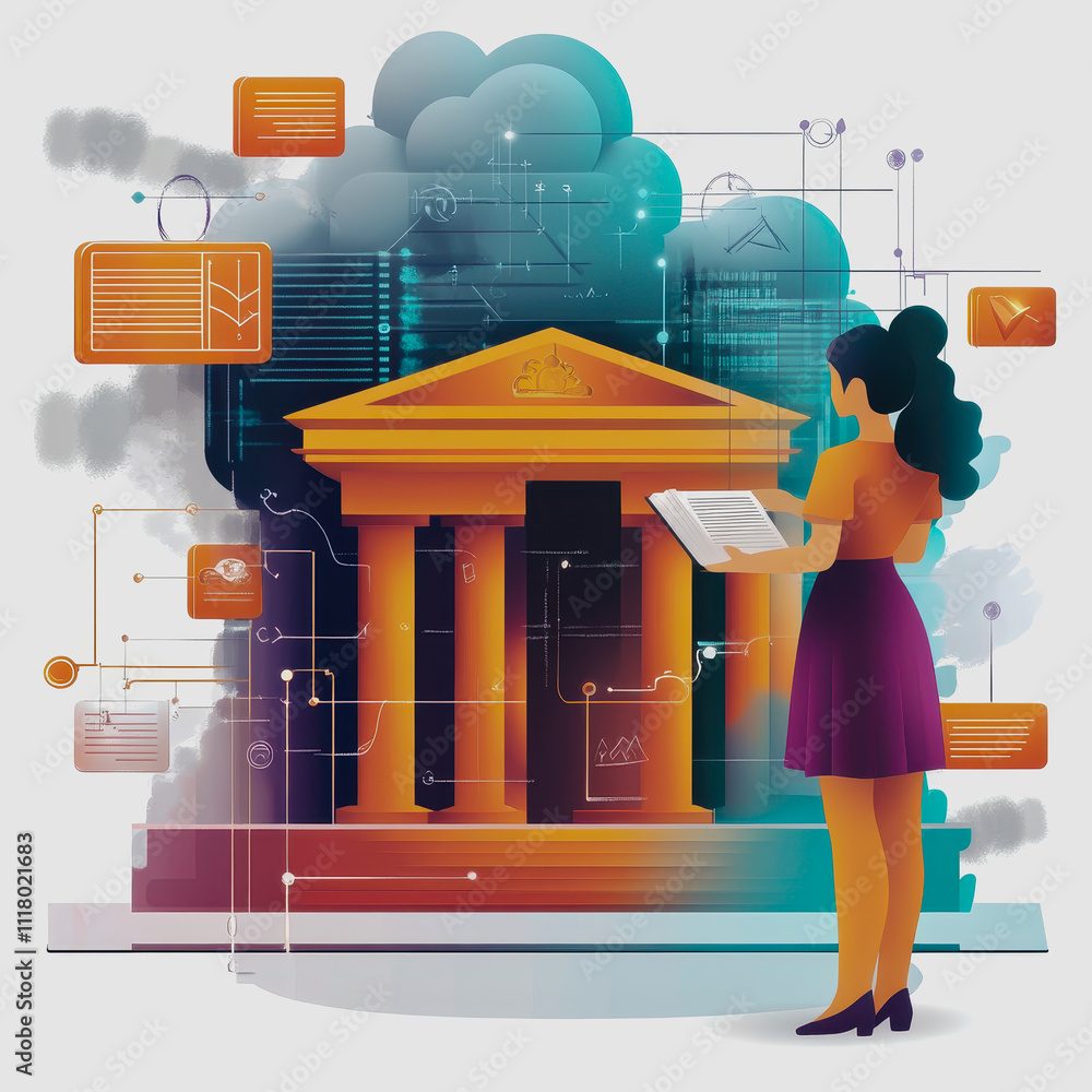 Aufkleber woman holding digital tablet in front of classical building surrounded by cloud elements and graphic