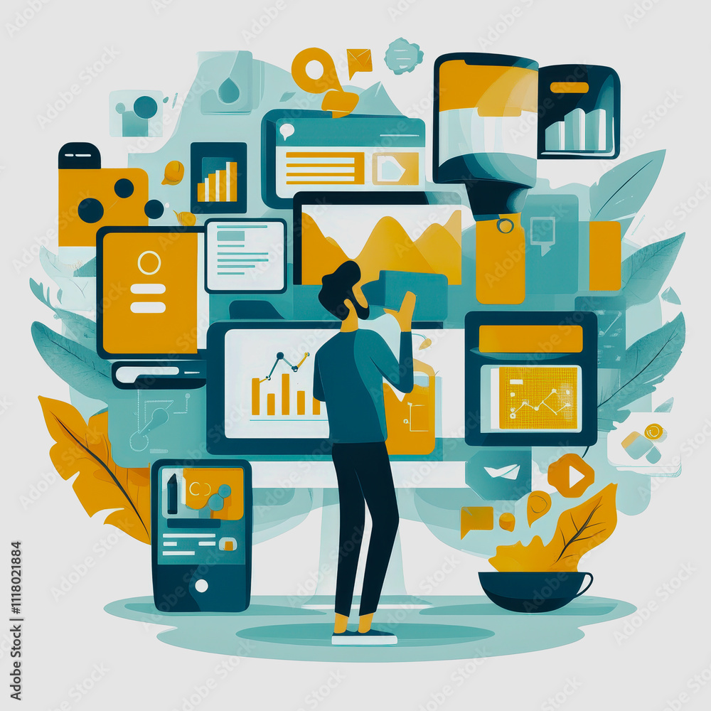Aufkleber person using mobile phone surrounded by digital screens and data visualizations featuring graphs, ch