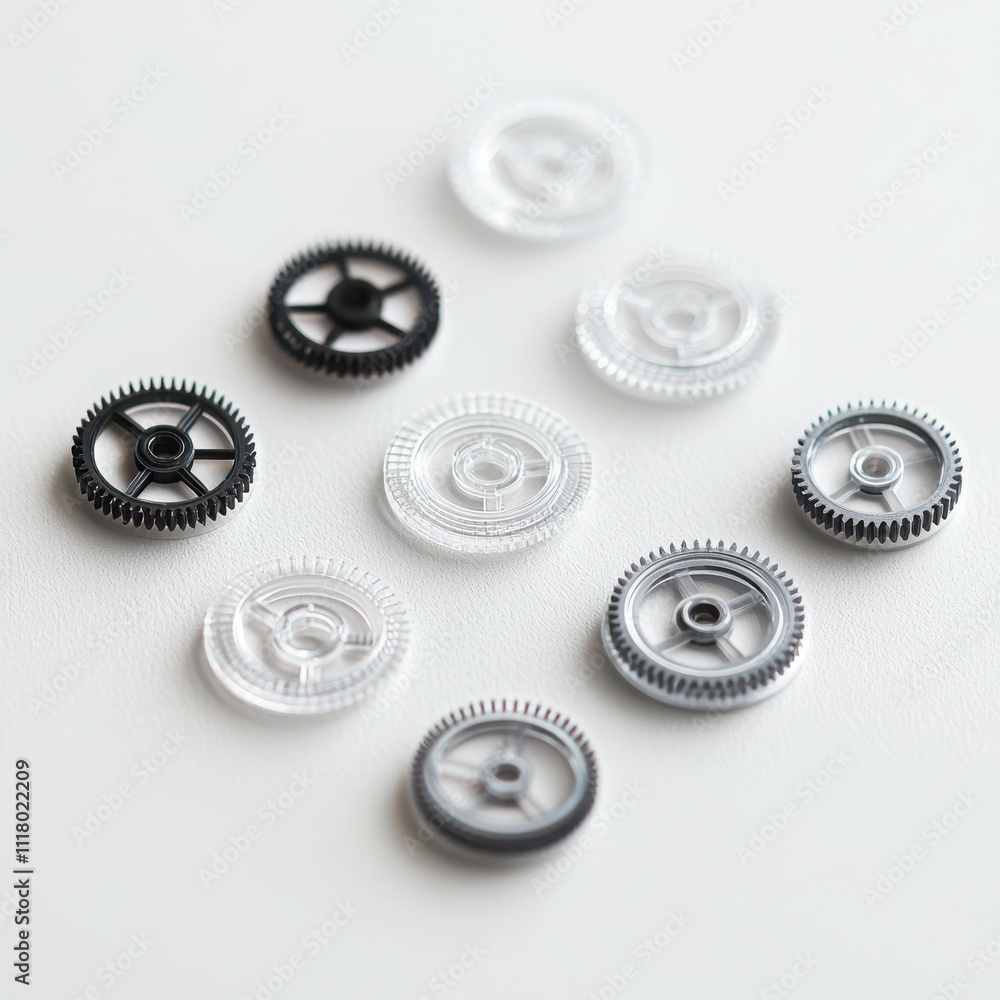 Poster innovative mechanical assembly featuring transparent polymer gears workshop environment high-tech co