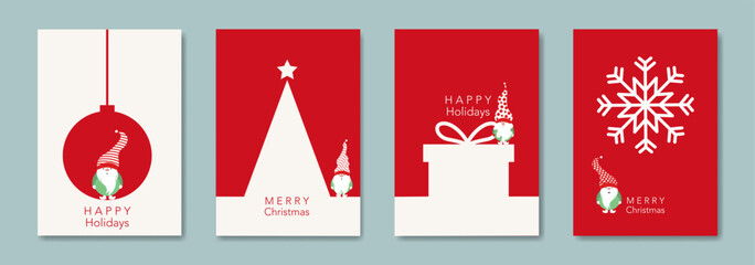 Set Christmas card in modern minimalist geometric style and Scandinavian nordic gnome, elf. Elements for calendar, greetings cards or Happy New Year themed winter holiday invitations background