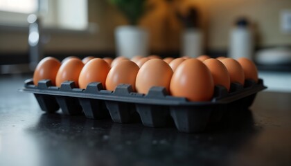 Fresh brown eggs in black egg carton on dark kitchen counter. Smart egg collection tech tool concept. Modern automated egg harvesting system. Futuristic appliance for egg handling. Egg size