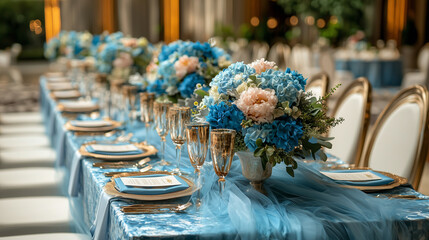 Royal Blue Wedding Table Setting: Elegant wedding reception with long table, blue and gold color scheme, luxurious floral arrangements, and fine china.  