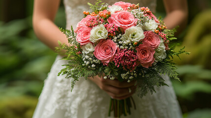 Bridal Bouquet in a Lush Garden: Delicate coral and white roses create a breathtaking bridal bouquet, nestled in the hands of a bride in a romantic garden setting.