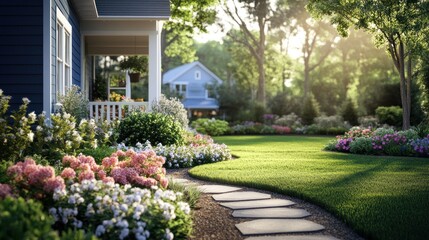 Dreamy Suburban Garden Landscape: Serene Sunlit Backyard Oasis with Lush Greenery and Vibrant Flowers