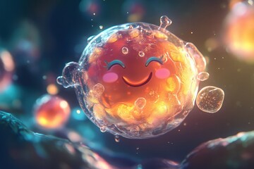A cheerful, animated cell with a smiling face in a colorful environment.