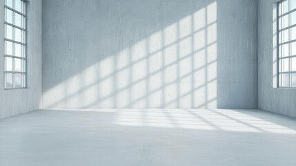 A 3D depiction of a gritty concrete room illuminated by light beams.