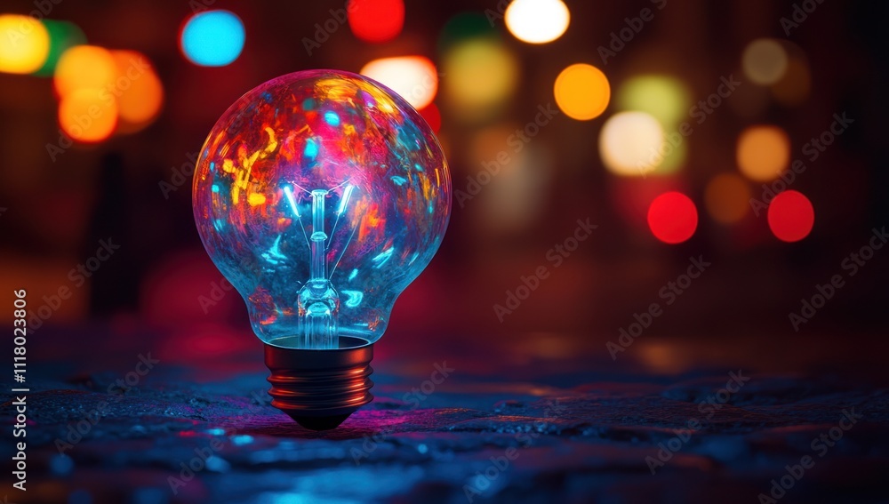 Poster lightbulb glowing in the night with colorful bokeh