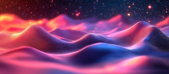 Obraz premium Abstract Digital Landscape with Vibrant Neon Waves and Futuristic Glowing Particles in a Cosmic Setting