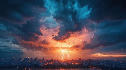 A dramatic sunset with vibrant colors and lightning illuminating the sky over a city skyline, creating a captivating and intense atmosphere.