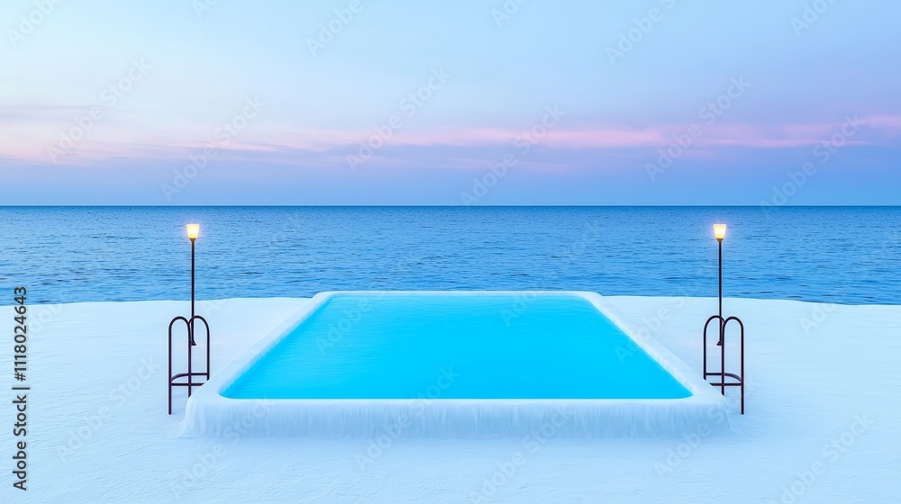 Poster an abstract 3d depiction of a water surface with a hazy sunset in the background.