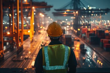Obraz premium Worker in Reflective Vest Overlooking Bustling Industrial Port at Night with Illuminated Cranes and Shipping Containers