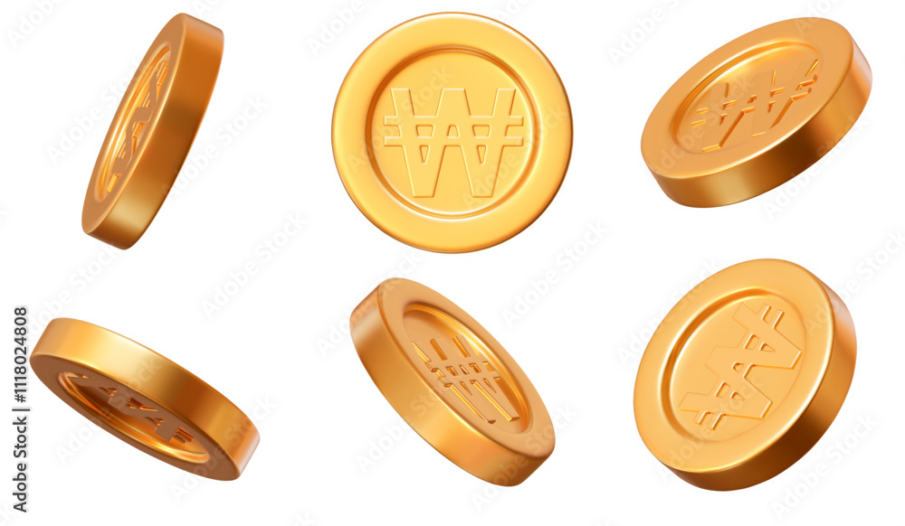 Wall mural 3d set golden korean won coins with different angles. stock vector illustration on isolated backgrou